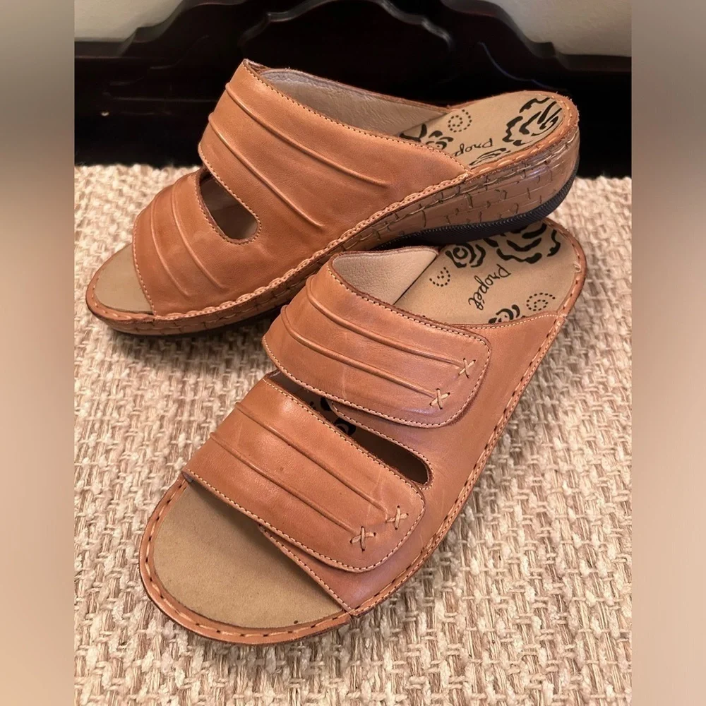 Propet June Sandal Slide Wedge Comfort Brown Leather Adjustable WSO001L Women 10